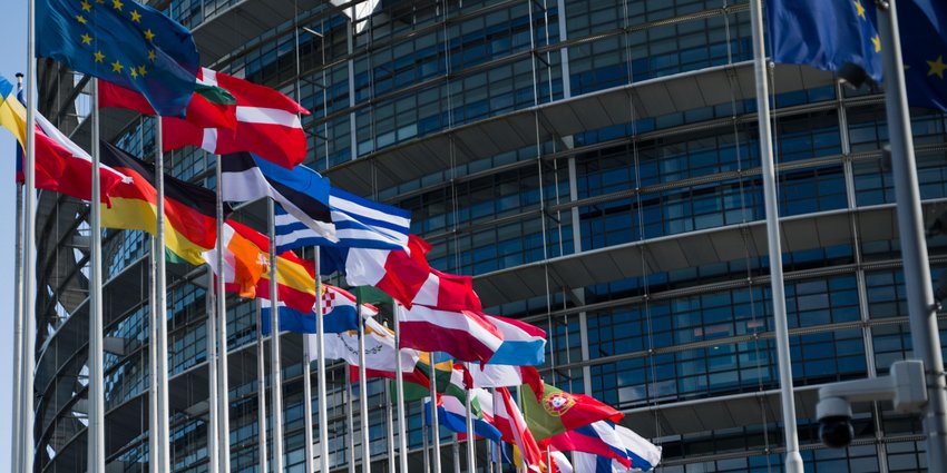 EU flag and flags of several EU member states in front of a modern office building.