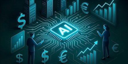 Illustration of an AI chip at the center of a digital financial network, surrounded by currency symbols, charts, buildings, and rising market graphs.